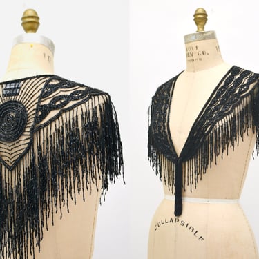 Vintage Black Beaded Sequin Shawl Wrap Burlesque Flapper Black Sequin Beaded Fringe Wrap Vintage Las Vegas Wrap Collar Shawl 