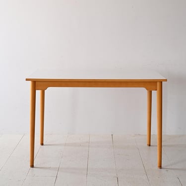 Vintage 1960s White Formica Table with Birch Wood Legs 