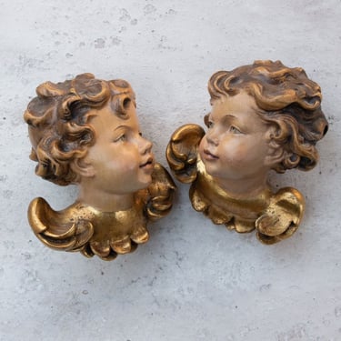 Vintage German Hand Carved and Hand Painted Wooden Cherub Heads, Pair of Angles 