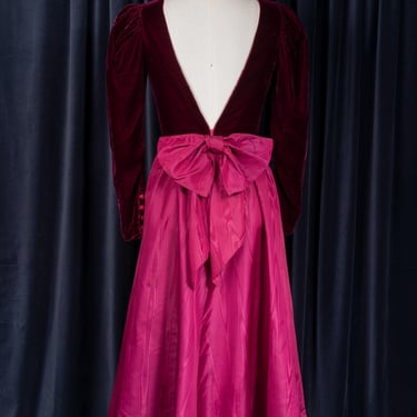 Stunning Velvet and Moiré Taffeta Dress with Puff Sleeves, Deep V Back, and Large Bow 1980s 