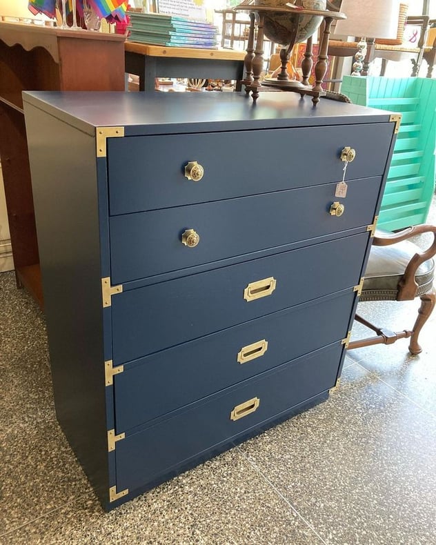 Blue painted campaign style chest. 36” x 18” x 42.75”