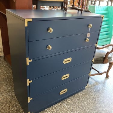 Blue painted campaign style chest. 36” x 18” x 42.75”