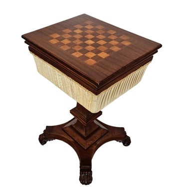 Antique English William IV Period Carved Mahogany Work Table Sewing Stand with Inlaid Chessboard Games Tabletop circa 1830s 