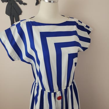 Vintage 80's Does 50's Striped Dress / 80s Nautical Stripe Dress L 