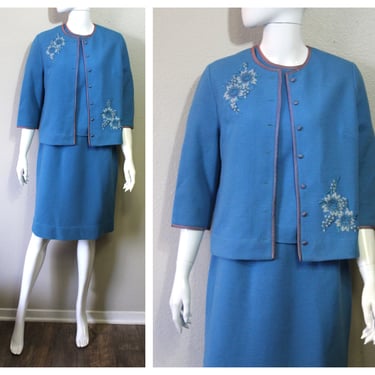 Vintage 60's Butte Knit Wool Knit Dress Sweater Set EMBROIDERED Flowers 3 Piece Jacket Cardigan Skirt Shell / Modern US 4 6 Small 