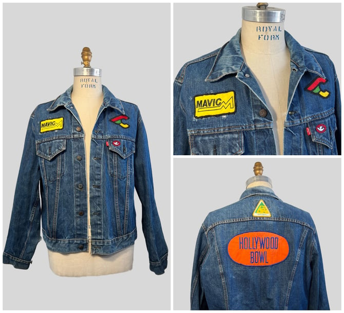 Vintage 1970's 1980's LEVI's Medium Wash Patched Denim Jacket | Type 3 Trucker Jacket | Hollywood Bowl Patch | Large 