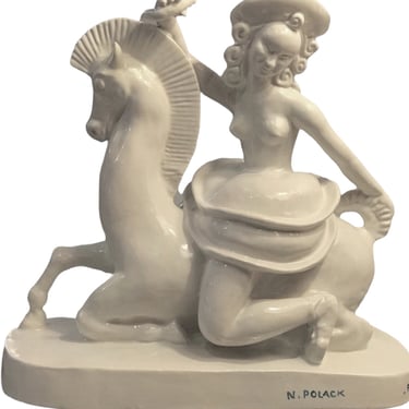 Paul Bocquillon Faience de Paris Art Deco Horse w. Topless Equestrienne Signed