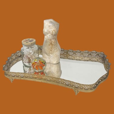 Vintage Mirrored Tray Retro 1970s Hollywood Regency + Gold Metal + Ornate Frame + Mirror Top + Vanity or Bathroom  Storage + Perfume Display 