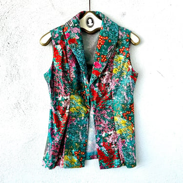 Vintage 70s Floral Photo Real Shiny Vest Shirt 1970s Cardigan Top 