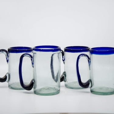 1980's Mexican Sea Glass Hand-Blown Cobalt Blue and Clear Mugs Set of 4 