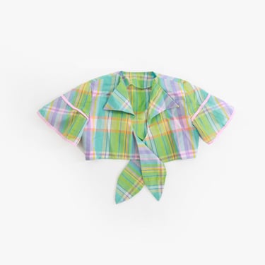 Vintage 1940s girls rainbow pastel plaid tie front cropped top 