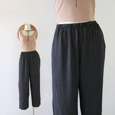 micro stripe trousers  23-32 - vintage 90s y2k womens black white minimal casual comfortable elastic waist pants 