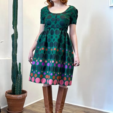 Vintage 1960s Dress / 60s Polka Dot Party Dress / Green Black Pink ( XS S ) 