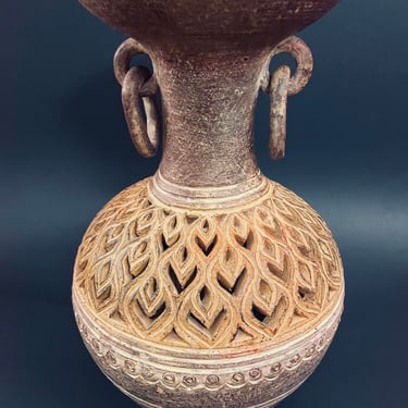 Vintage Pottery -Clay Vase With Rings Handles 
