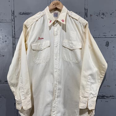 L Vintage 50s Chain stitch button up shirt Fire department uniform chainstitch 1940s 1950s costume Halloween 