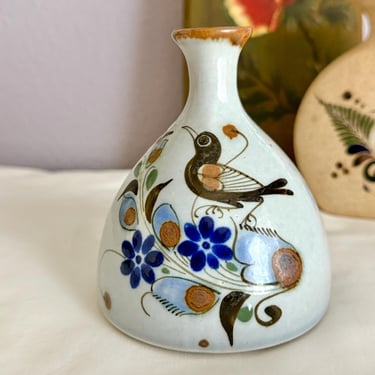 Tonala Painted Pottery Vase, Dove, Butterfly, Mexico, Vintage 