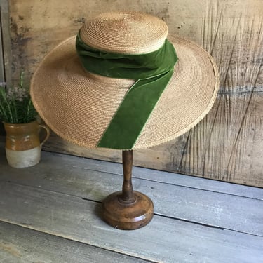 Antique French Straw Hat, Edwardian, Panama Straw Bonnet, Wide Brim, Green Velvet Bow, Period Clothing 