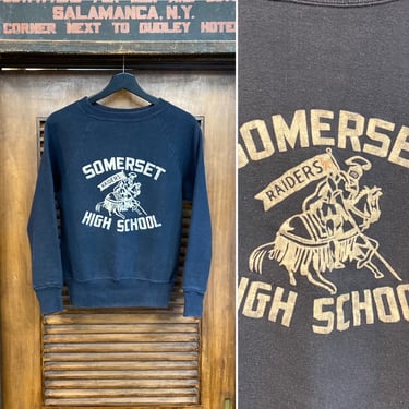Vintage 1950’s Navy Blue “Raiders” Flocked Detail Athletic School Sweatshirt, 50’s Vintage Clothing 