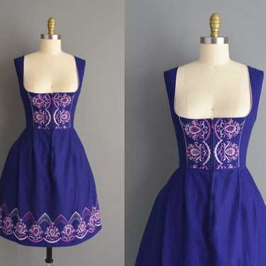 1960s dress | Adorable Purple Dirndl Cotton Linen Dress | Large | 60s vintage dress 