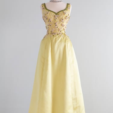 Spectacular Early 1960's Beaded Silk Evening Gown in Lemon Lime / SM