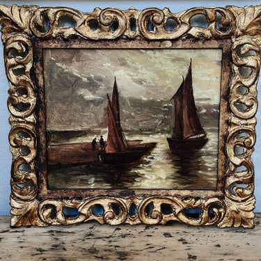Antique Painting, Sailboats at Sea 