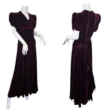 Volup 1930's Deep Burgundy Rayon Velvet Dress I Gown I Sz Lrg 