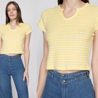 Small 80s Yellow & White Striped Terrycloth Crop Top | Retro Vintage Short Sleeve Cropped Shirt 