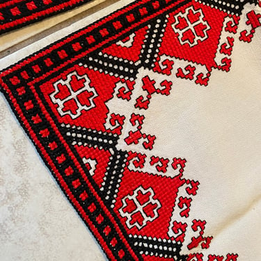 3 Ukrainian Cloth Table Square Folk Art 13.5” Hand Embroidery Red, Black Traditional Pattern Style  Linens, Vintage Center Table Piece Decor 