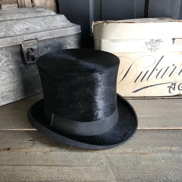 French Black Top Hat, Agen, Beaver. Victorian, Edwardian Fashion, Original Hat Box, Period Clothing 