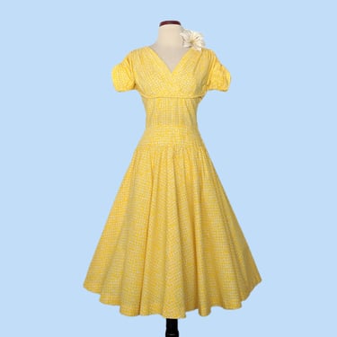 Vintage 1950s Yellow Cotton Sundress, Vintage 50s Full Skirt Day Dress 