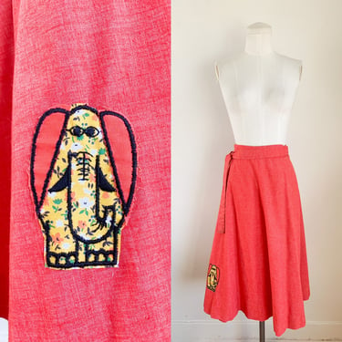 Vintage 1970s Chambray Red Elephant Wrap Skirt / XS 