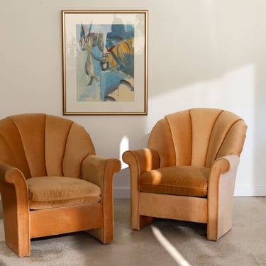Pair of 1970s Scalloped Velvet Club Chairs by Rowe 