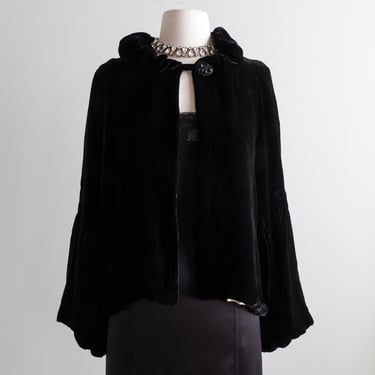Elegant 1930's Black Silk Velvet Cropped Jacket / Sz S
