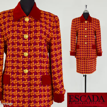 1990s Orange Red Wool Plaid Suit | 90s Red Wool Skirt Suit | Escada | Medium 