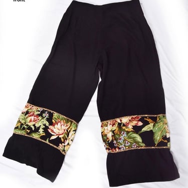 Globe Trotter Bali Palazzo Pants Vintage 1990's Black Rayon 1940's Palm Print Sequins Hippie Boho Capri 