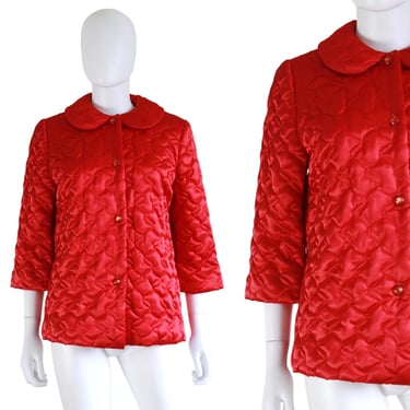 1950s/60s True Red Satin Quilted Jacket - Vintage Quilted Bed Jacket - Vintage Red Satin Jacket - Vintage Hostess Jacket | Size Small / Med 