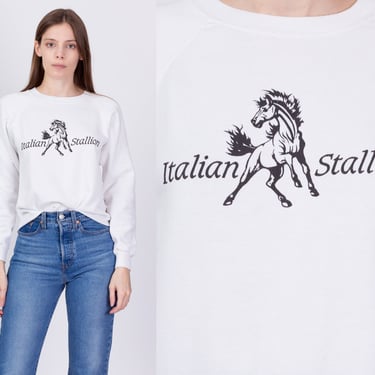 90s Italian Stallion Sweatshirt - Small to Medium | Vintage White Graphic Cropped Pullover 