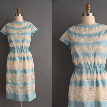 vintage 1950s Dress | Mint Blue Lace Stripe Holiday Cocktail Party Dress | Large 