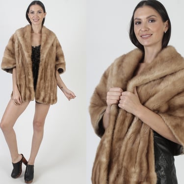 Real Fur Under Collar Mink Stole, Womens 60s Wedding Shawl, Brown Bridesmaids Cape Large 