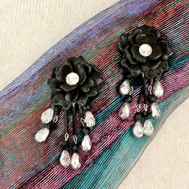 Long Chandelier Earrings, Dangle Drop, Crystal Beads, Black Goth Elegance, 3.25