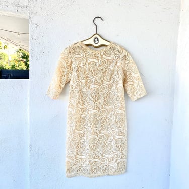 Vintage 50s Embroidered Lace Chiffon White Floral Dress 