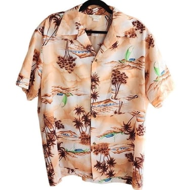 70s Hawaiian Print Mens Shirt  Tropical Caribbean Palm Trees 