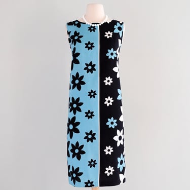 Fun 1960's Pop Print Blue Daisy Cotton Shift Dress / M