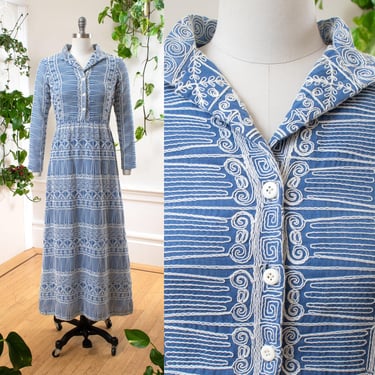 Vintage 1970s Shirt Dress | 70s Embroidered Blue Cotton Greek Greece Vacation Shirtwaist Long Sleeve Maxi Shirt Day Dress | small/medium 