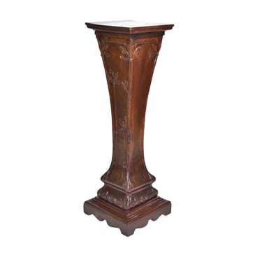 Antique Art Nouveau Floral Poppy Motif Carved Wood Pedestal Sculpture Stand 