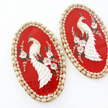 Mid Century Pair Seashell Peacock Wall Art - Vintage 1960s Oval Shell Bird Hanging Artwork Red - Tiki Boho Quirky Decor 