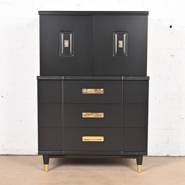 John Widdicomb Hollywood Regency Campaign Black Lacquered Gentleman’s Chest, Newly Refinished