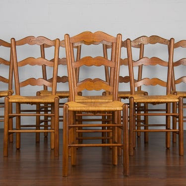 Antique Country French Ladder Back Oak Rush Dining Chairs - Set of 8 