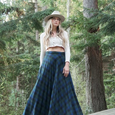 60s 70s Vintage Plaid Maxi Skirt / Blue Green Accordion Pleat  A Line High Waisted Skirt / 60s Mod Skirt 