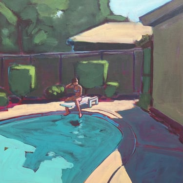 Pool #61 - Original Acrylic Painting on Canvas 20 x 20, woman, bating suit, bikini, diving board, hockney, michael van, modern, contemporary 